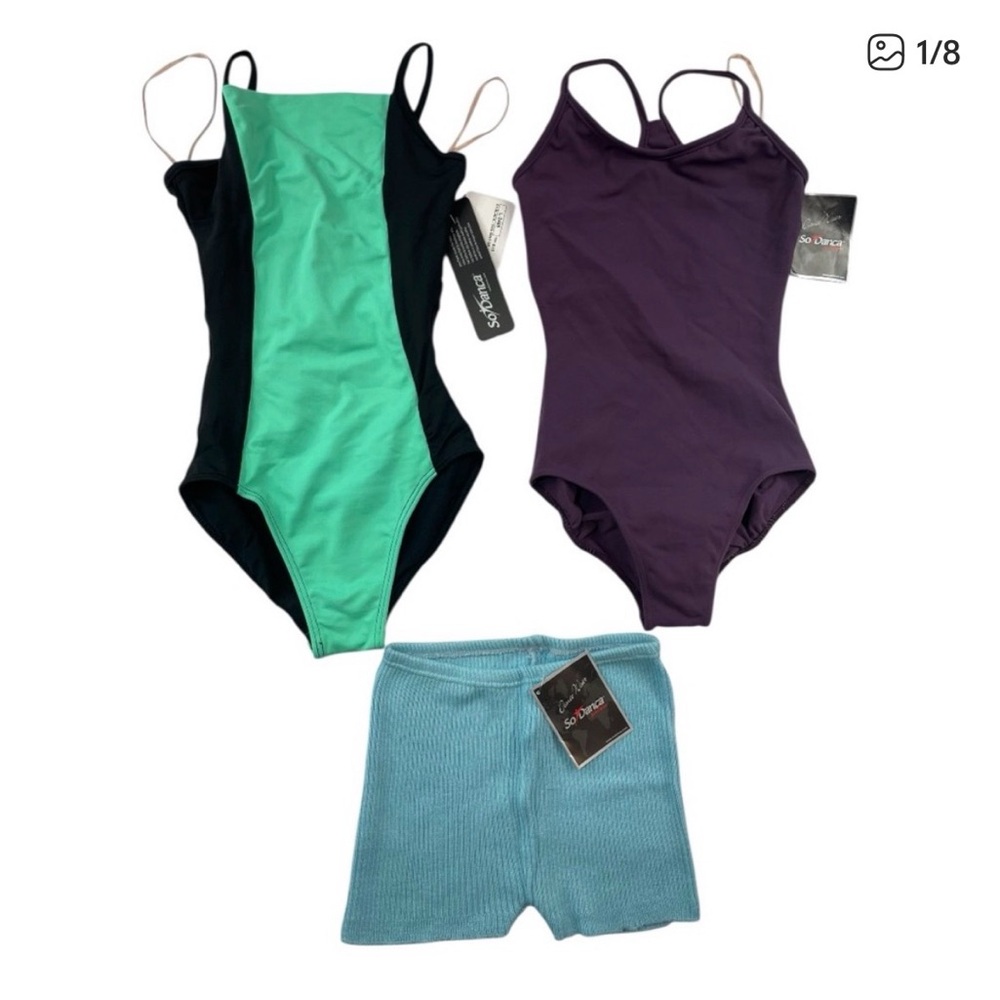 So Danca Kids Set: purple leotard, green/black leotard, and blue knit shorts